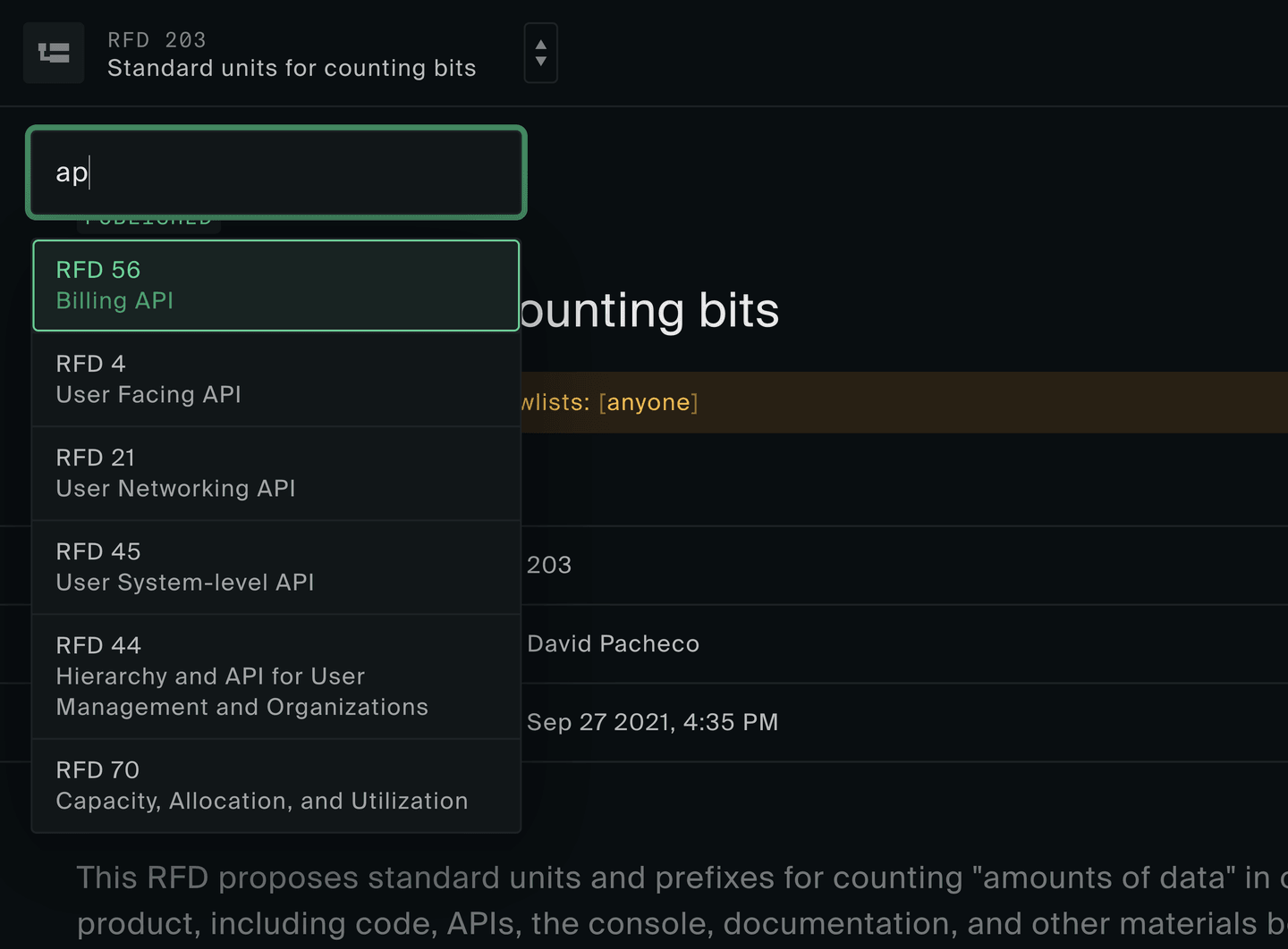 Navigation modal that shows a list of RFDs being filtered by an input