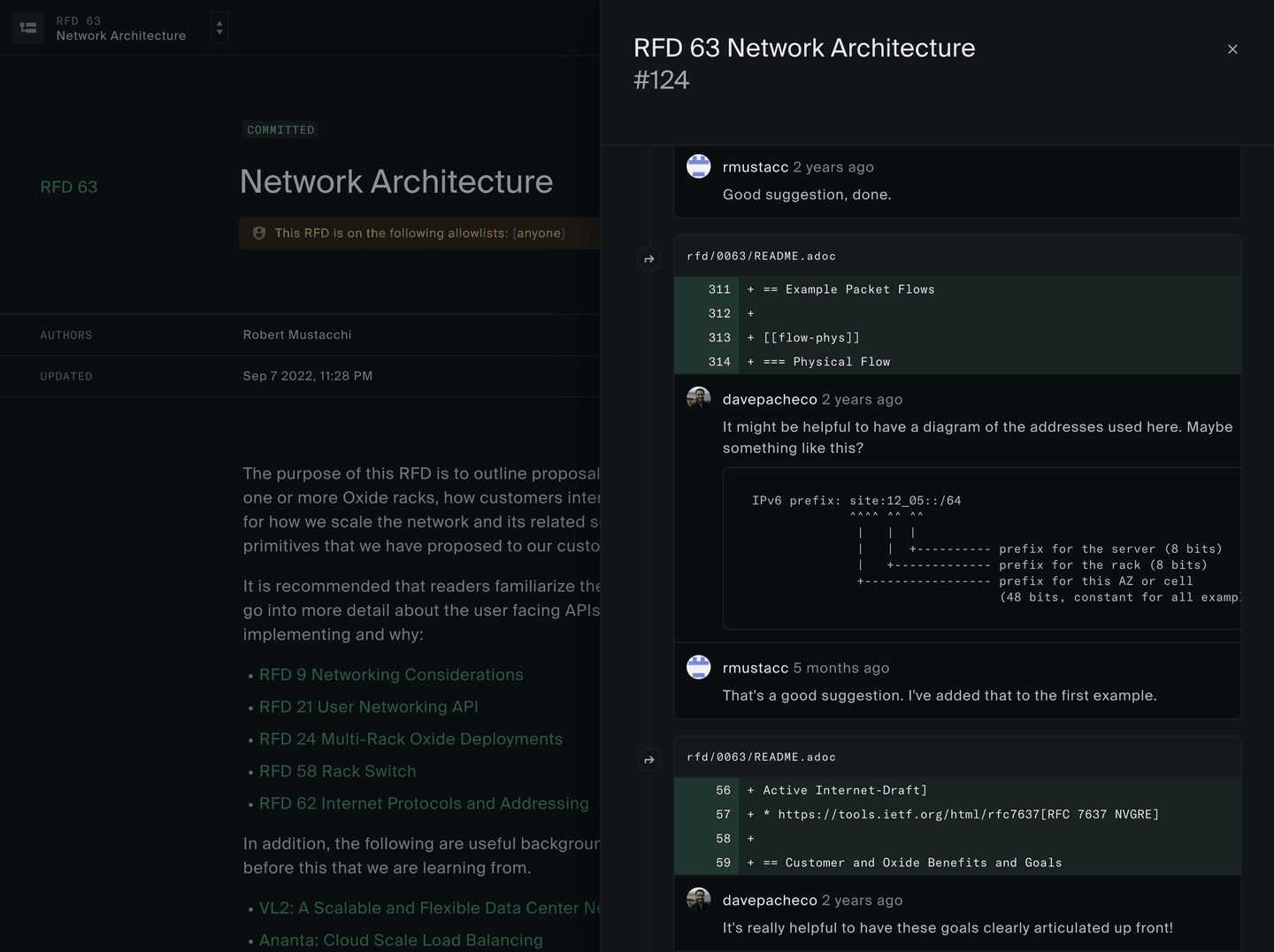 Dialog with a GitHub PR style timeline showing comments and snippets of the raw document