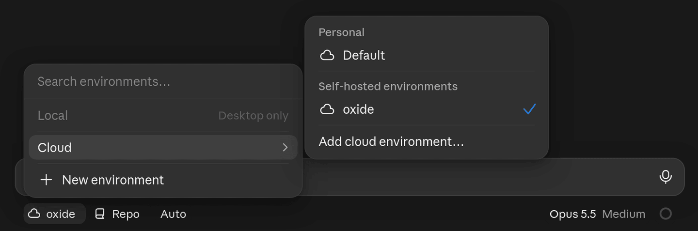 The Claude Code web console showing an option to select a self-hosted environment for the session.