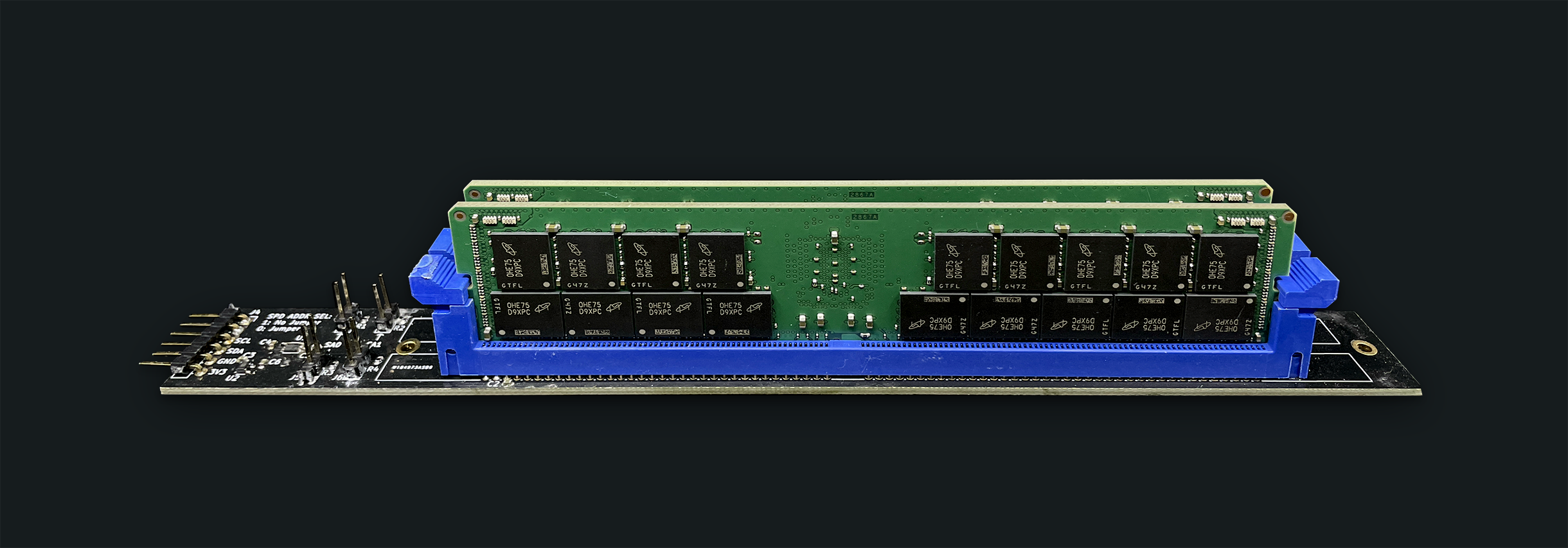 Narrow PMOD-interface board for interfacing with the SPD EEPROMs on the two installed DDR4 DIMMs